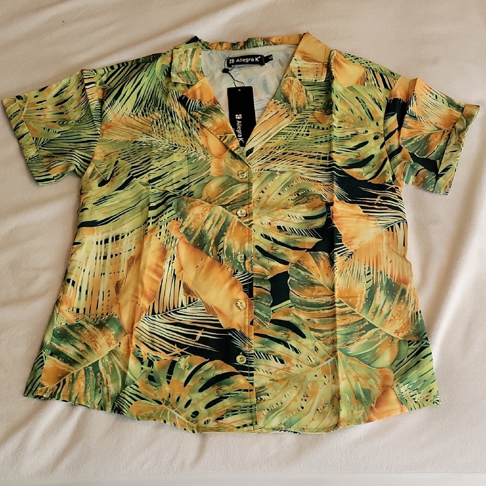 Vacation Blouse Allegra K Tropical Leaf Print Shirt in Green and Yellow